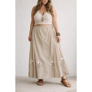 Vintage Corduroy Maxi Skirt Boho Hippie Floral Embordered Festival Beige Size 18